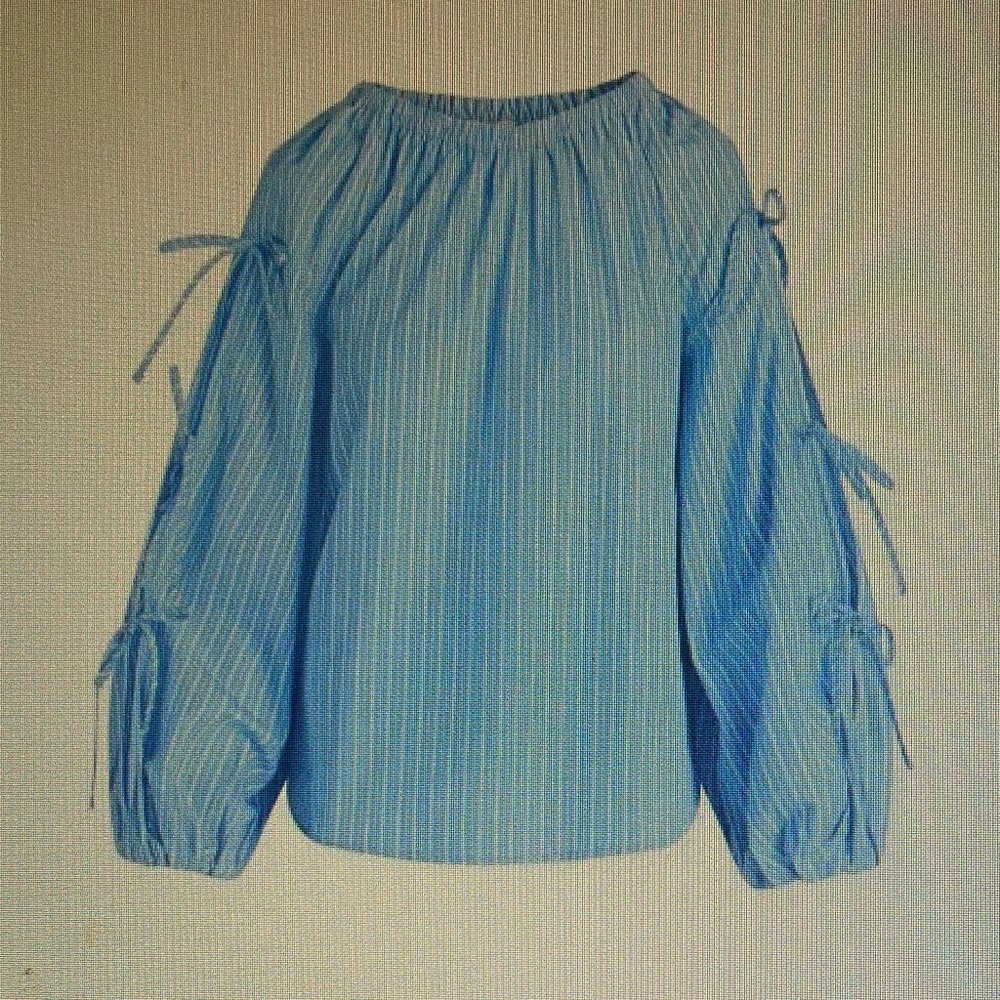 Light Blue Striped Off-Shoulder Tie-Sleeve Blouse